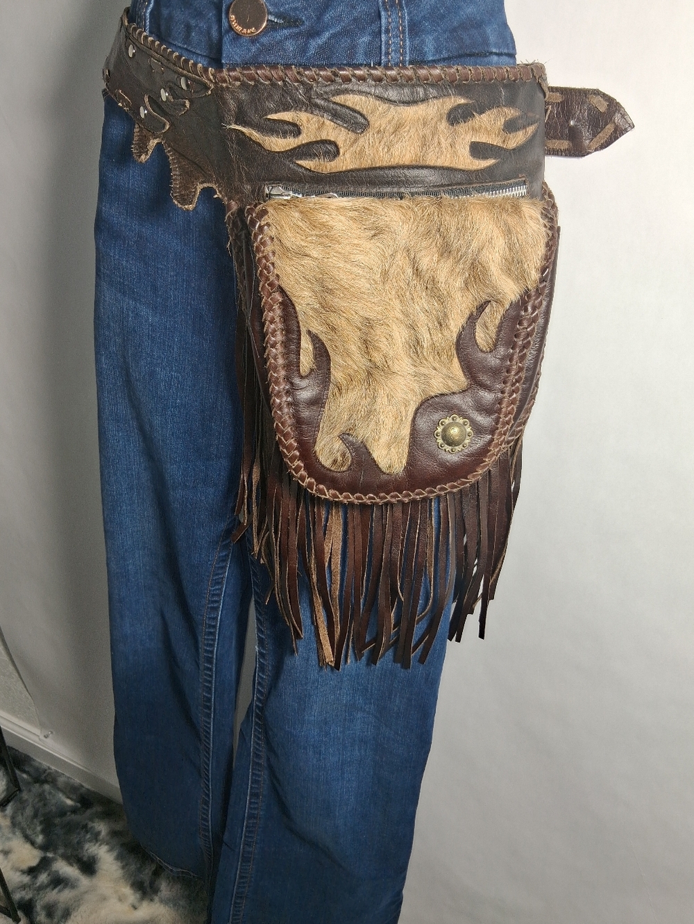 TRIBE America Brown Leather Fringe Hip Bag - Picture 2 of 9